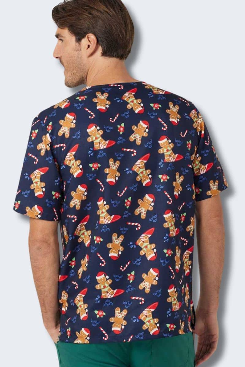 CATRST Gingerbread Surfer Navy Unisex Christmas Scrub Top - Image 3