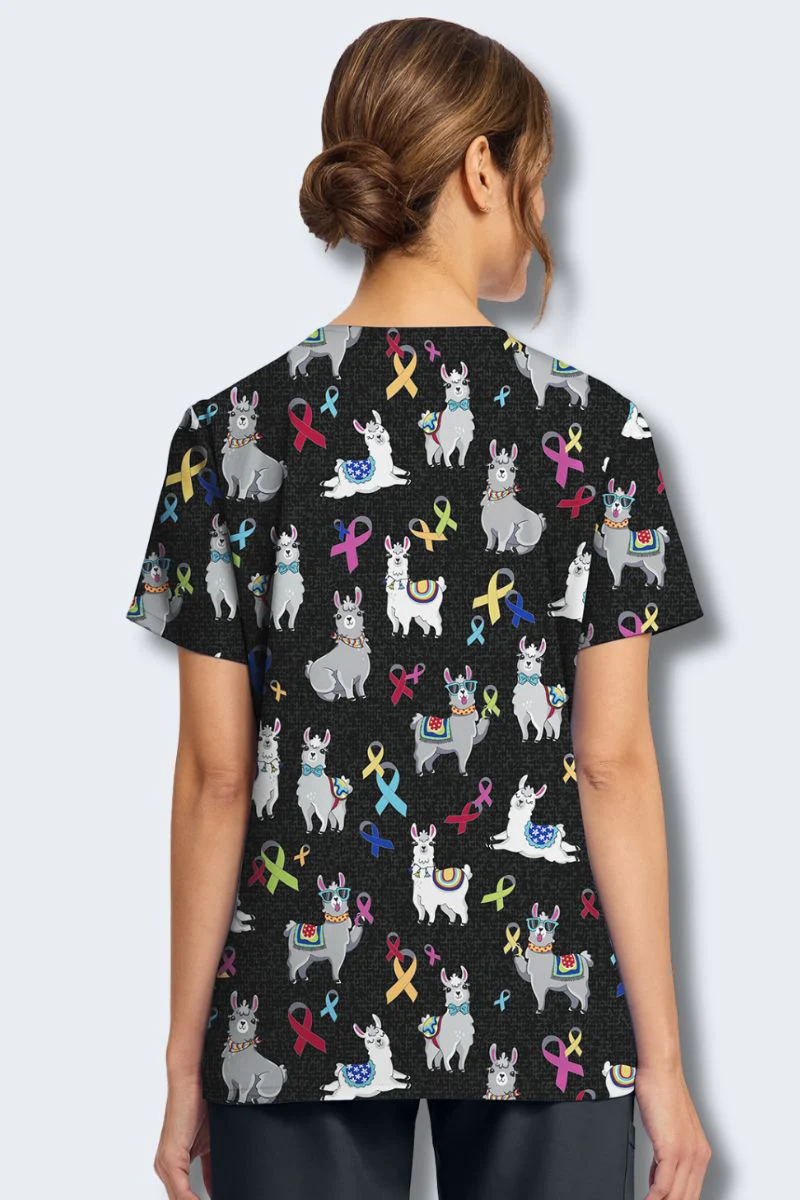 CK856 Cherokee Llama Be Aware V-Neck Print Scrub Top - Image 3