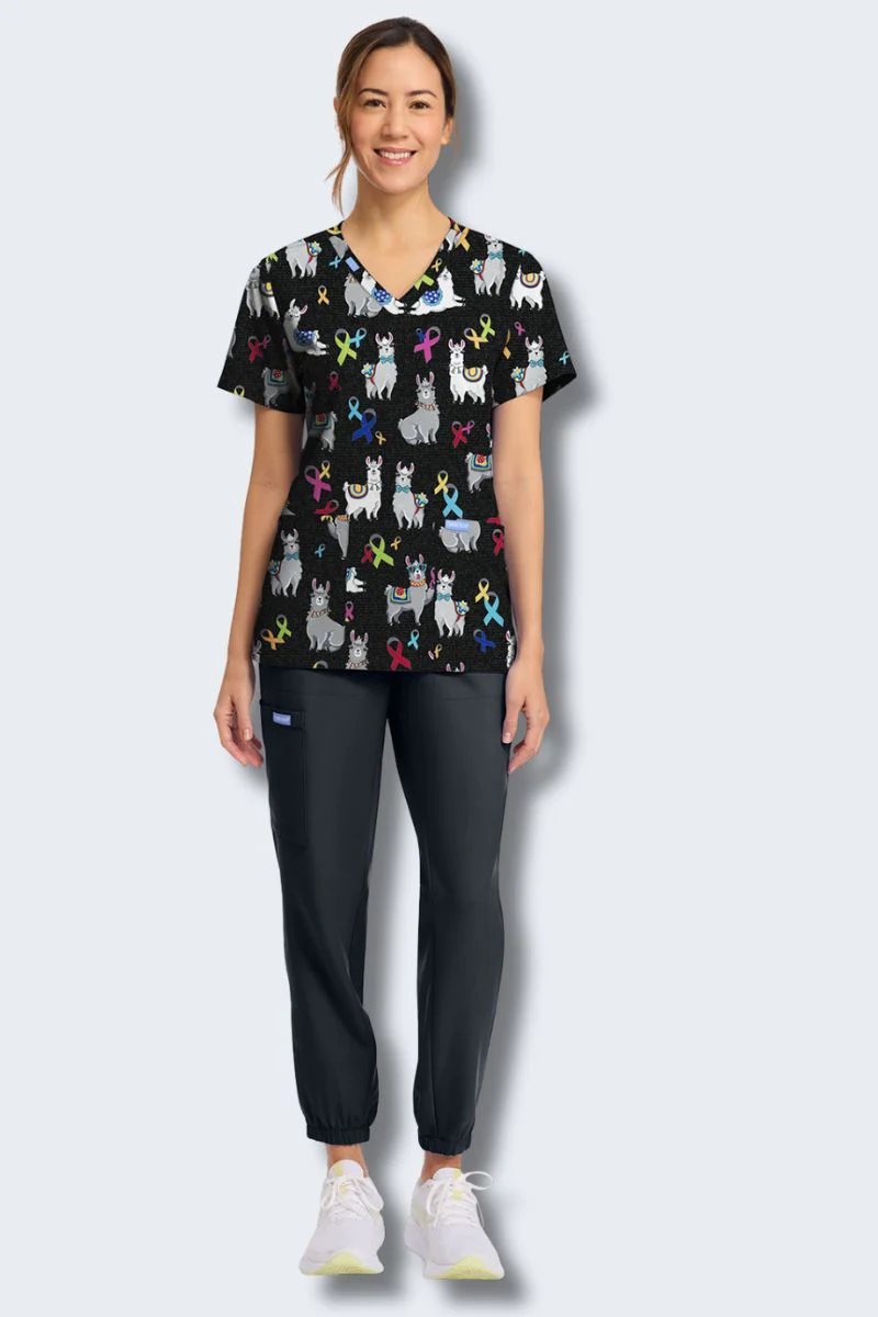 CK856 Cherokee Llama Be Aware V-Neck Print Scrub Top - Image 4