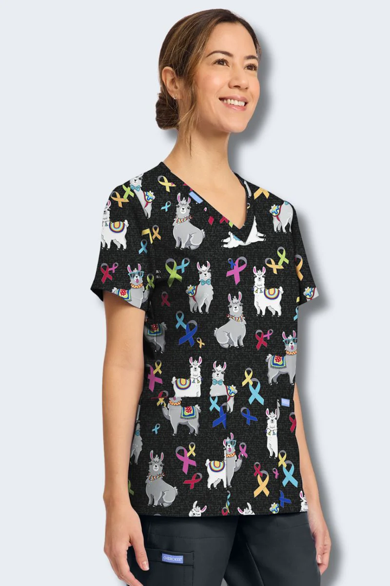 CK856 Cherokee Llama Be Aware V-Neck Print Scrub Top - Image 6