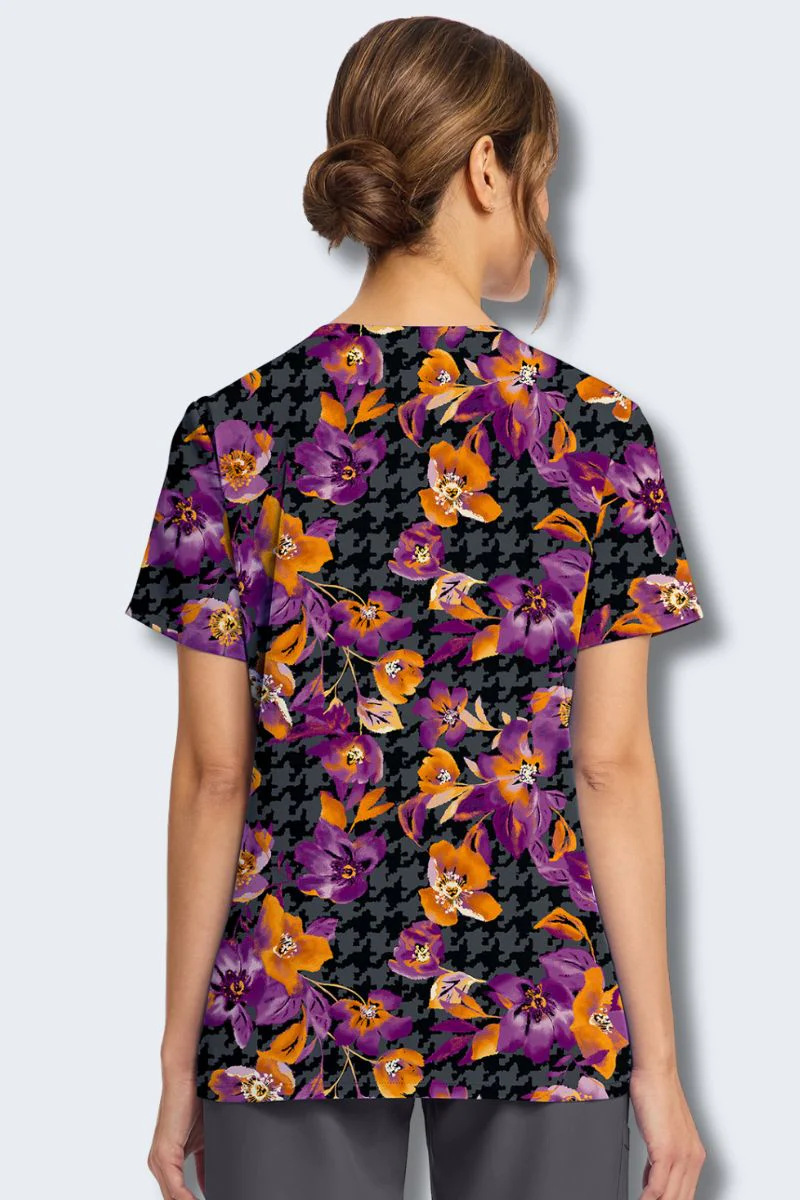 CK856 Cherokee Velvet Floral V-Neck Print Scrub Top - Image 3