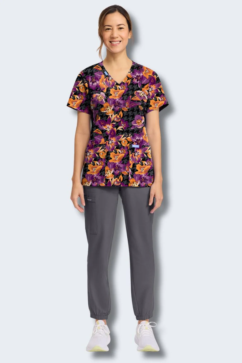CK856 Cherokee Velvet Floral V-Neck Print Scrub Top - Image 4