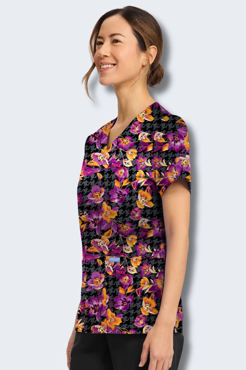 CK856 Cherokee Velvet Floral V-Neck Print Scrub Top - Image 5
