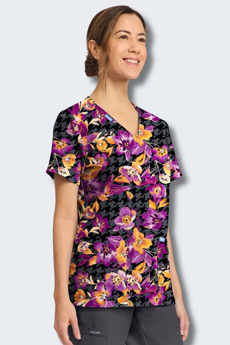 CK856 Cherokee Velvet Floral V-Neck Print Scrub Top - Image 6