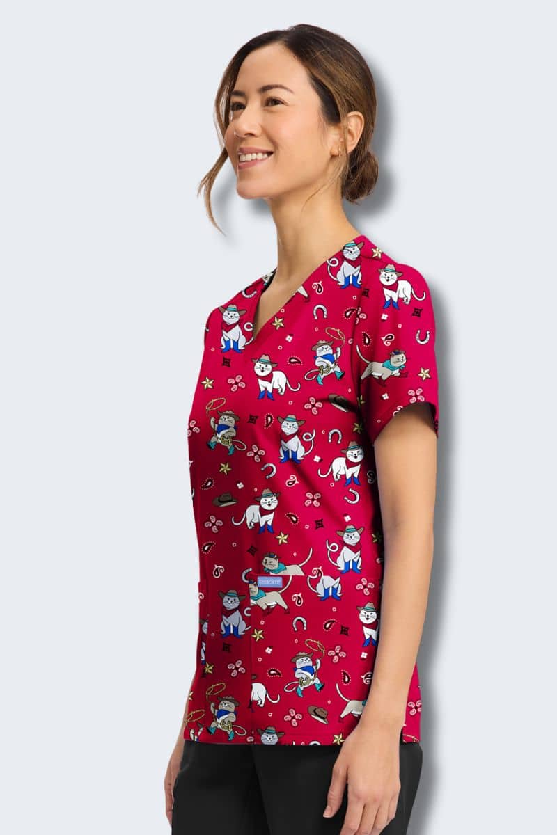 CK856 Cherokee Cowgirl Kitty Print Scrub Top - Image 3
