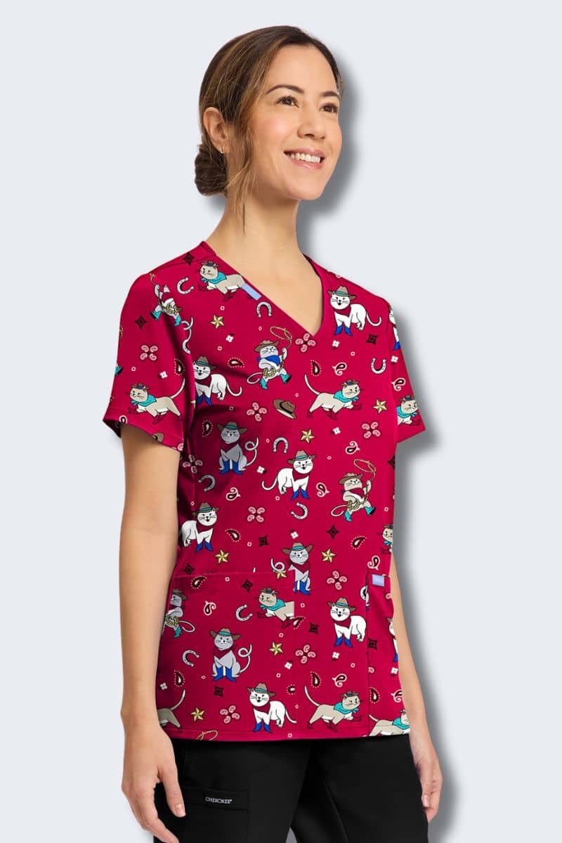 CK856 Cherokee Cowgirl Kitty Print Scrub Top - Image 4