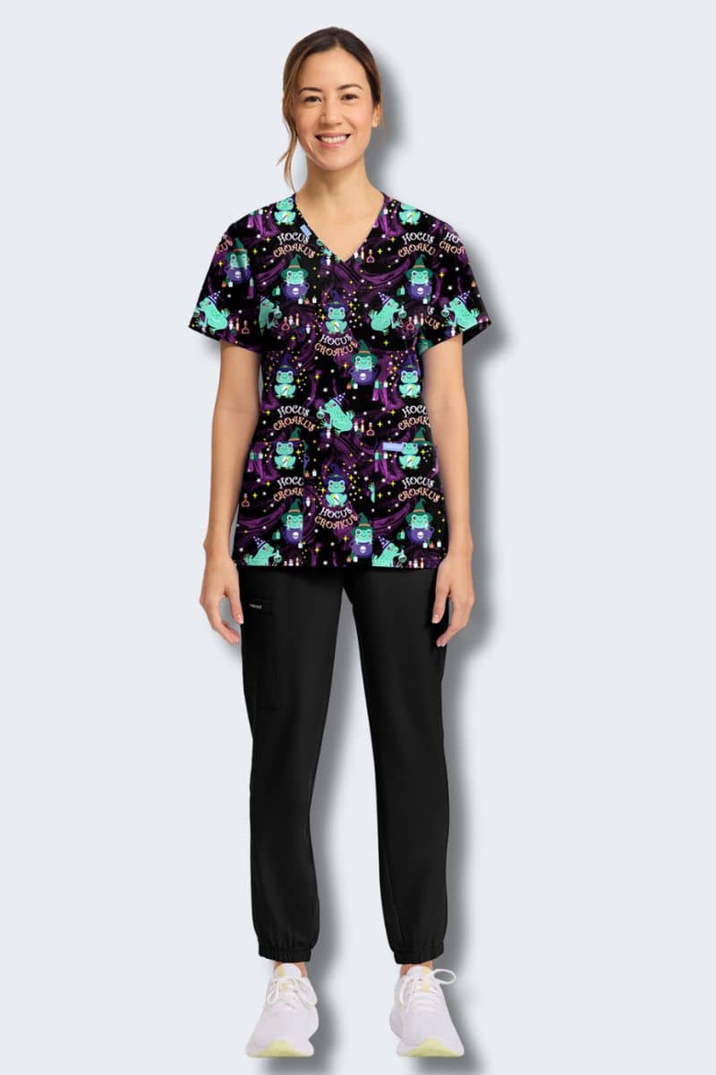 CK856 Cherokee Hocus Croakus Print Scrub Top - Image 3