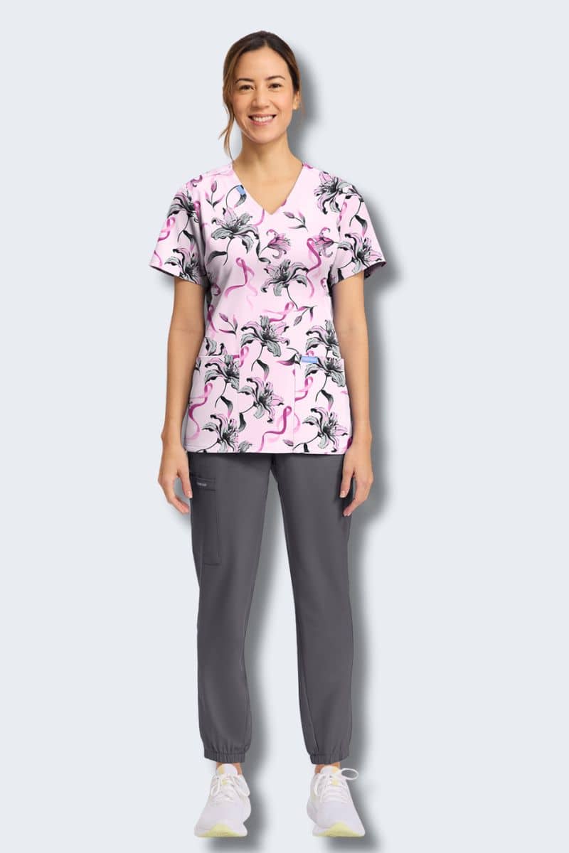 CK856 Cherokee Loving Lilies Print Scrub Top - Image 5