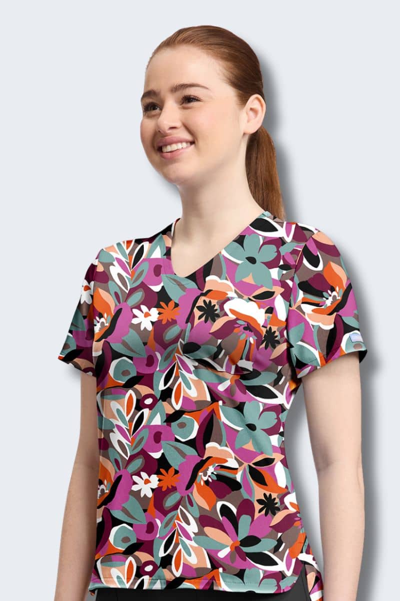 CK857 Cherokee Cut Flowers Print Scrub Top - Image 3