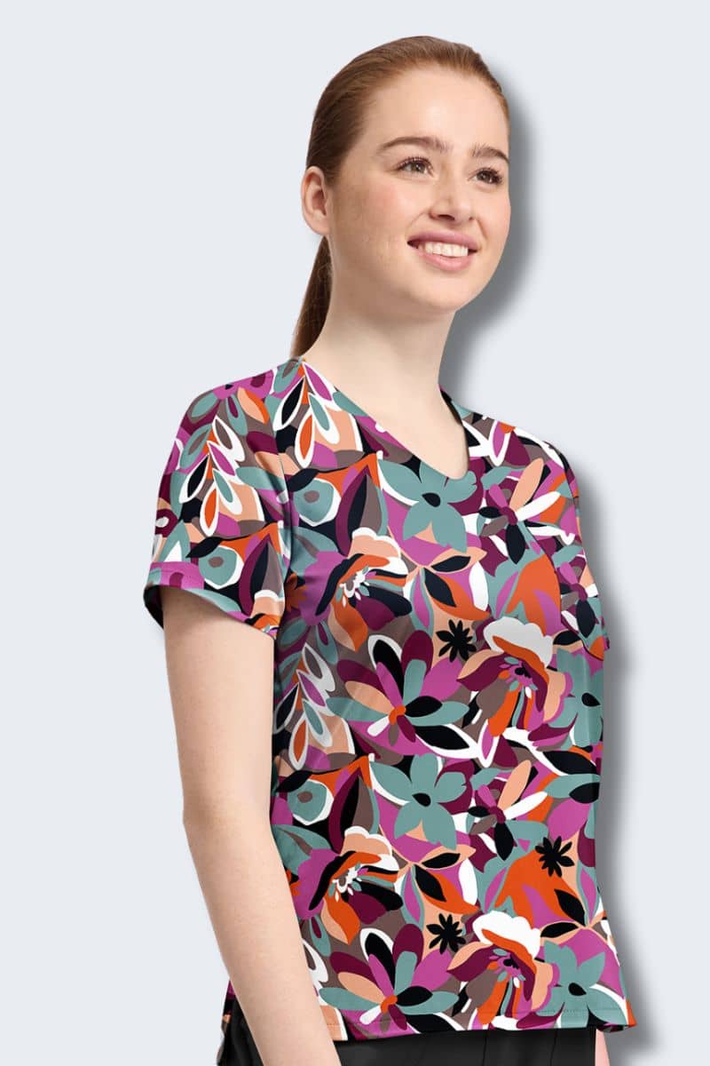 CK857 Cherokee Cut Flowers Print Scrub Top - Image 4