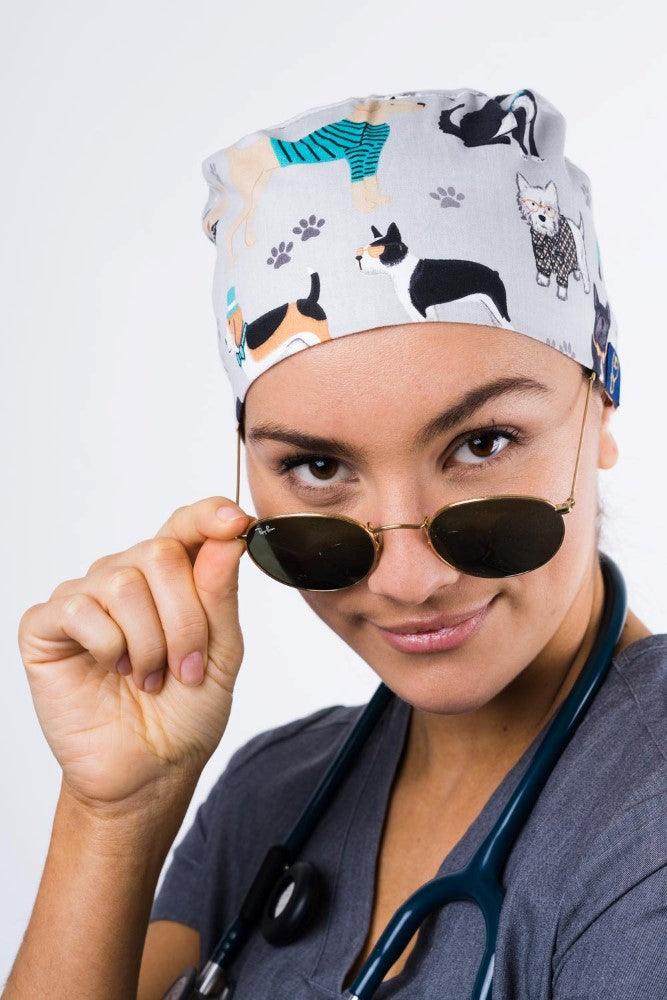SC-01 Dr. Woof Hipster Dogs Printed Scrub Hat with back-tie - Image 6